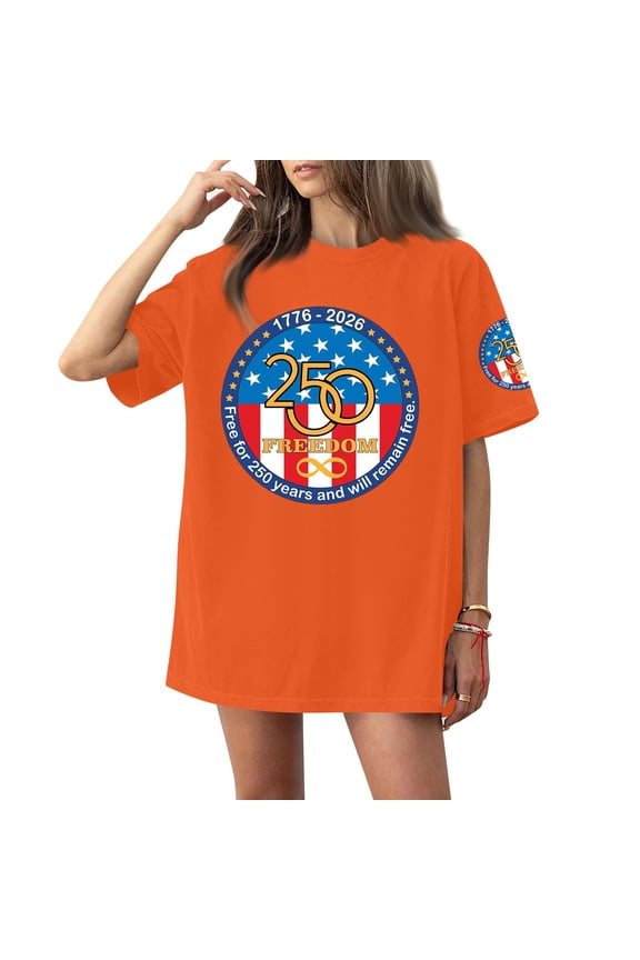 250th Anniversary Usa Shirt Women's Short Sleeve Usa Printed Top Solid Color Oversized Tops 250 Year Anniversary Usa Crew Neck Fashion Leisure 1776-2026 Tee,Orange S