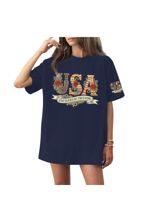 250th Anniversary Usa Shirt Women's Short Sleeve Usa Printed Tops Solid Plus Size Top Independence Day Crewneck Fashion Leisure 1776-2026 Tee,Navy XL