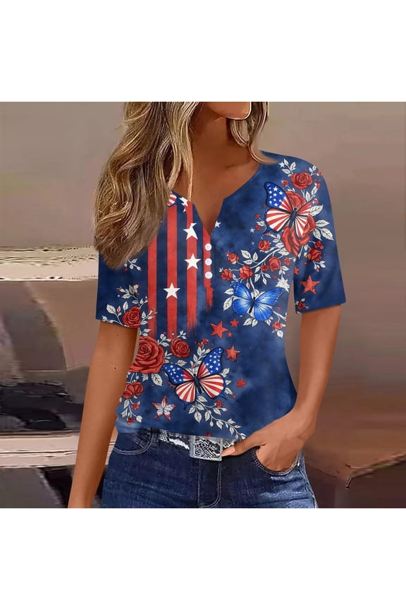 250th Anniversary Usa Shirt Women's Short Sleeve Usa Printed Tops V-Neck Button Tshirt Usa American Flag Casual Solid Pullover,Dark Blue XL