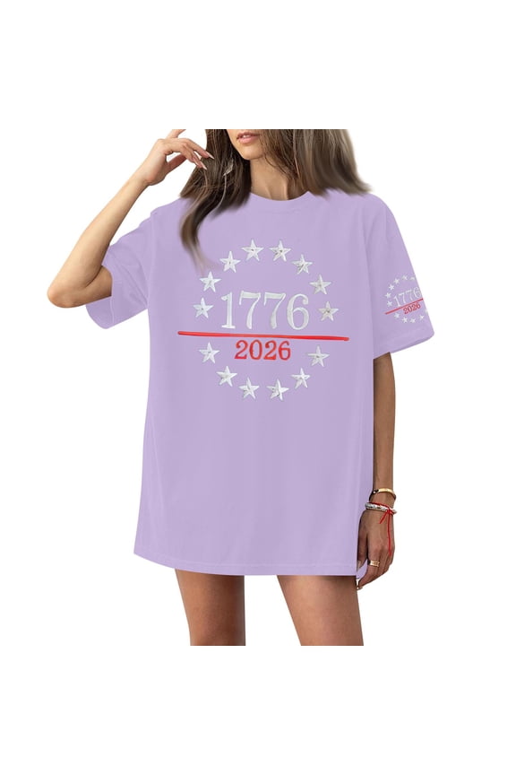 250th Anniversary Usa Shirt Women's Usa Print Casual Top Short Sleeve Oversized Shirt Summer Independence Day Solid Color Crew Neck Tees,Purple S