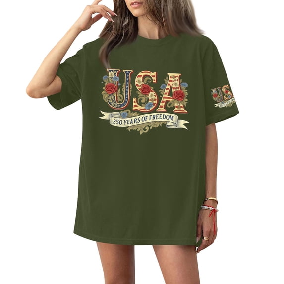 Dweltoz 250th Anniversary Usa Shirt Women's Usa Print Casual Tops Short Sleeve Oversized Tshirts Summer 250 Year Anniversary Usa Solid Crew Neck Tees,Army Green 4XL