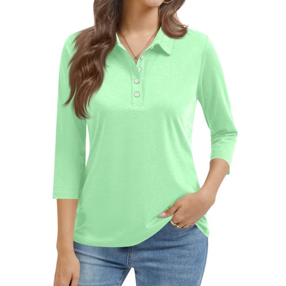 Dweltoz 3/4 Sleeve Polo Shirts for Women Solid Color Buttons Collared Business Casual Polo Shirts Cotton Blend Loose Work Top V-Neck Pullover Tops,Mint Green L
