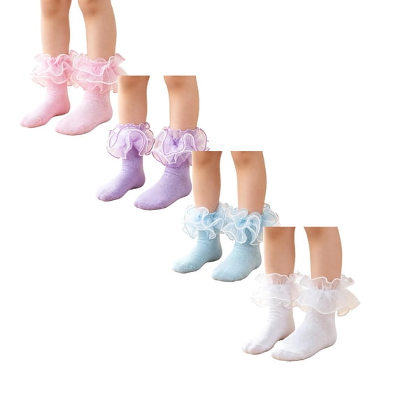 Dweltoz 4 Pairs Girls Ruffle Socks Toddler Girls Lace Outside Dress Socks Comfortable School Fancy Socks,6-8 Years