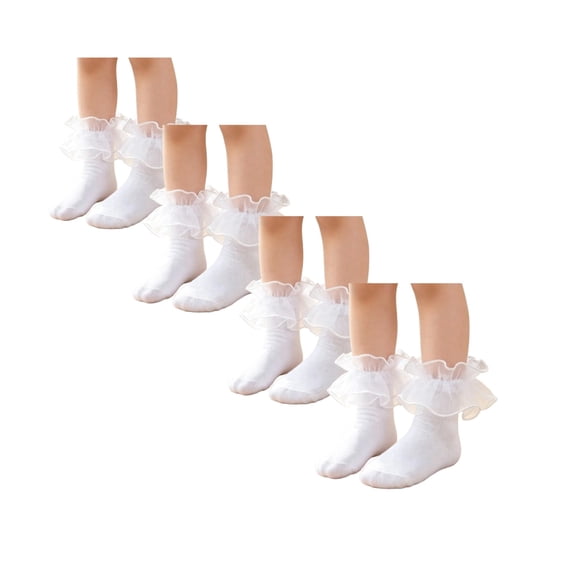 Dweltoz 4 Pairs Girls Ruffle Socks Toddler Girls Lace Outside Dress Socks Comfortable School Fancy Socks,8-10 Years
