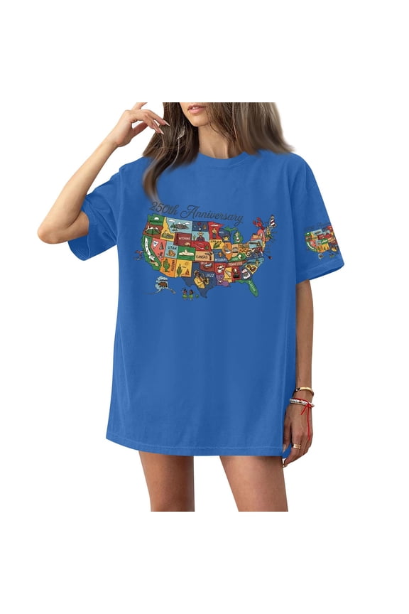 4th Of July Outfits for Women Usa Print Casual Tops Short Sleeve Plus Size T Shirt Summer 250 Year Anniversary Usa Solid Crew Neck Tee,Blue 2XL