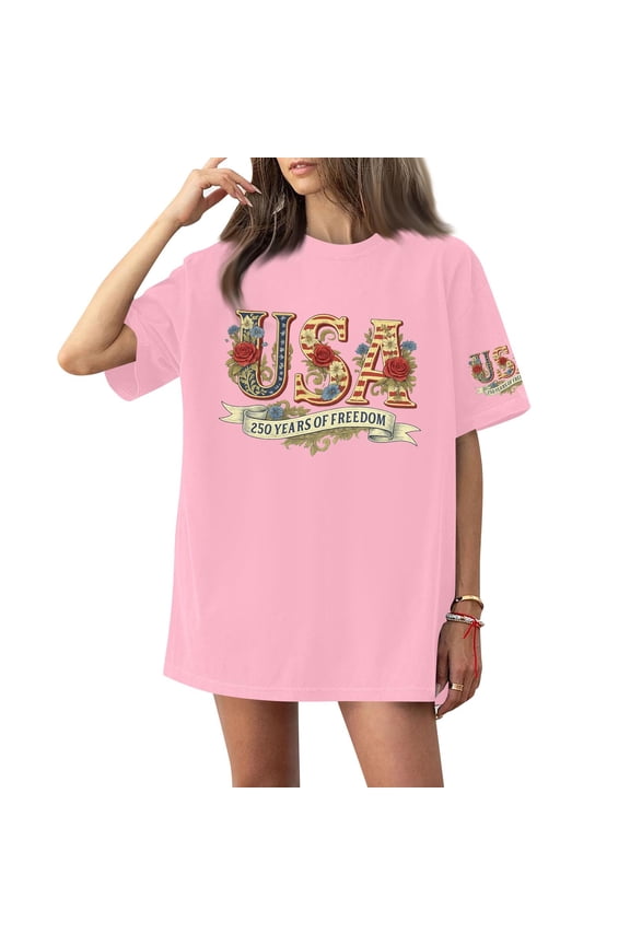 4th Of July Shirts for Women Short Sleeve Usa Printed Tops Solid Color Plus Size Top 250 Year Anniversary Usa Crew Neck Fashion Leisure 1776-2026 Tee,Pink M