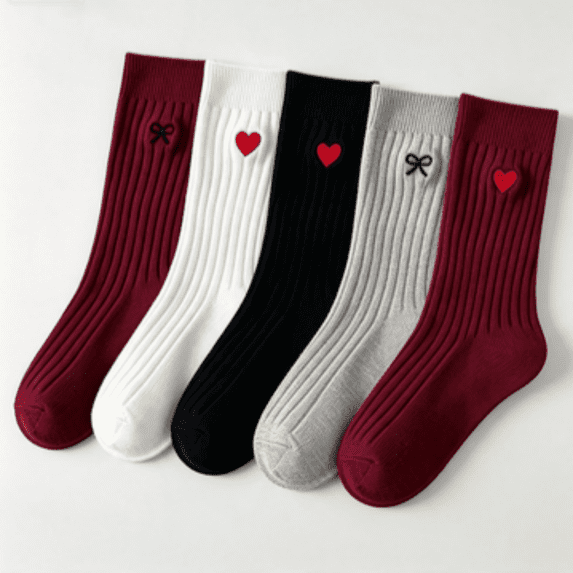 Dweltoz 5 Pairs Kids Girls Mid-Calf Crew Socks, Cute Heart Bowknot Sock, Solid Color Ribbed Knit Soft Cozy Casual School Uniform Socks for Teens,Sizes 1-12 Years