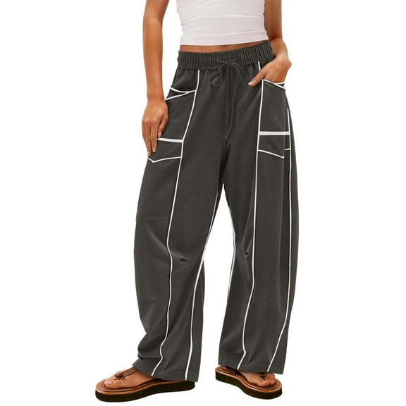 Dweltoz Barrel Leg Sweatpants for Women Drawstring High Waisted Wide Leg Pants Casual Cotton Barrel Trousers Casual Palazzo Pants with Pockets,Dark Gray S