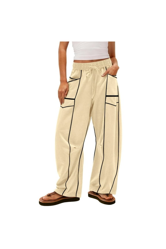Barrel Leg Sweatpants for Women Drawstring High Waisted Wide Leg Pants Color Block Barrel Trousers Casual Palazzo Pant with Pockets,Beige M