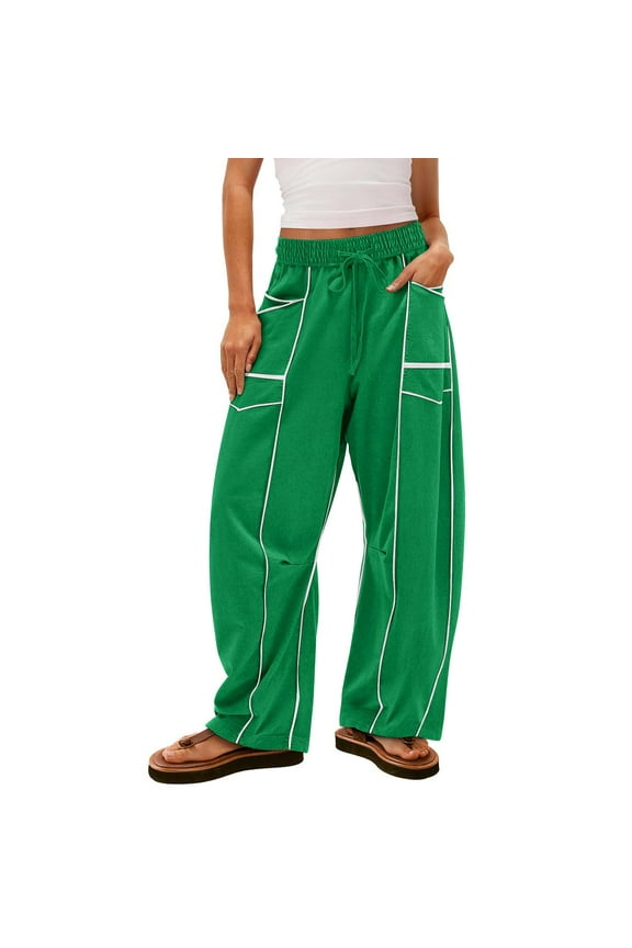 Woman Barrel Sweatpants Wide Leg Baggy Palazzo Pant 2025 Trendy Drawstring High Waisted Contrast Patchwork Sweatpants with Pockets,Green XL