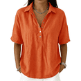 thumbnail image 1 of Dweltoz Blouses for Women Buttons Collared Elbow Half Sleeve Breathable Casual Athletic Tops V Neck Solid Athletic Shirts,Saffron S, 1 of 7