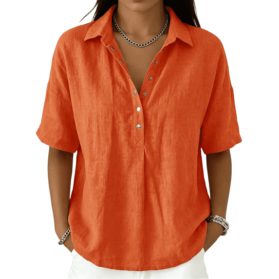 Dweltoz Blouses for Women Buttons Collared Elbow Half Sleeve Breathable Casual Athletic Tops V Neck Solid Athletic Shirts,Saffron S