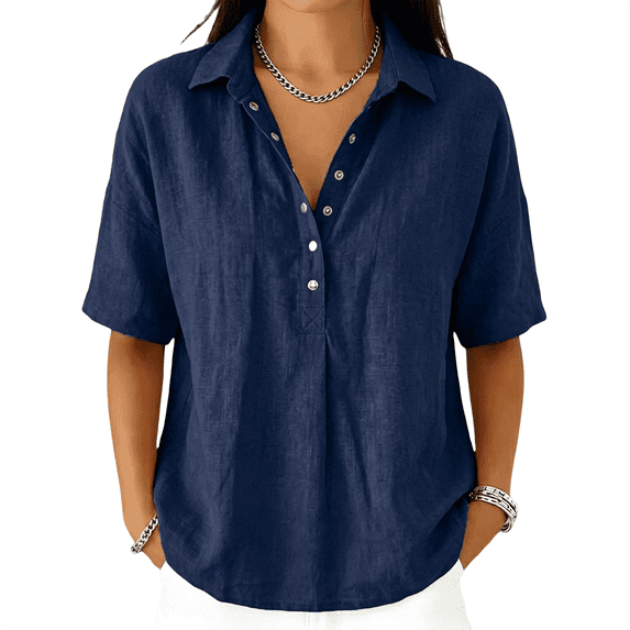 Dweltoz Blouses for Women Buttons Collared Short Sleeve Lightweigth Casual Work Blouses V Neck Solid Golf Tee Shirts,Navy 2XL
