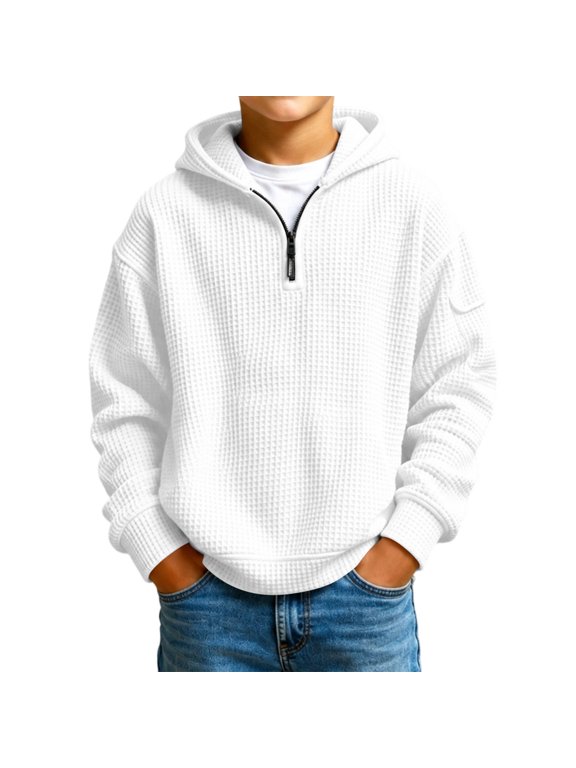 Boys Quarter Zip Hoodies Waffle Knit Long Sleeve Hooded Sweatshirts Casual Kids Teens Pullover Tops Back to School Clothes 2026 Fall Winter Athletic Hoodies,White 9-10 Years