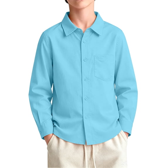 Dweltoz Boys School Uniform Long Sleeve Solid Button Up Top Classic Collared Dress Shirt Back to School Clothes,Sky Blue 6-7Years