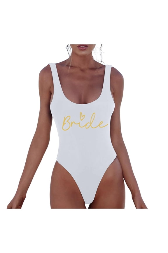 Bride Retro One Piece Swimsuit Letter Print High Cut Backless Bridal Bathing Suit Bachelorette Party Favors Sexy Monokini,White XL