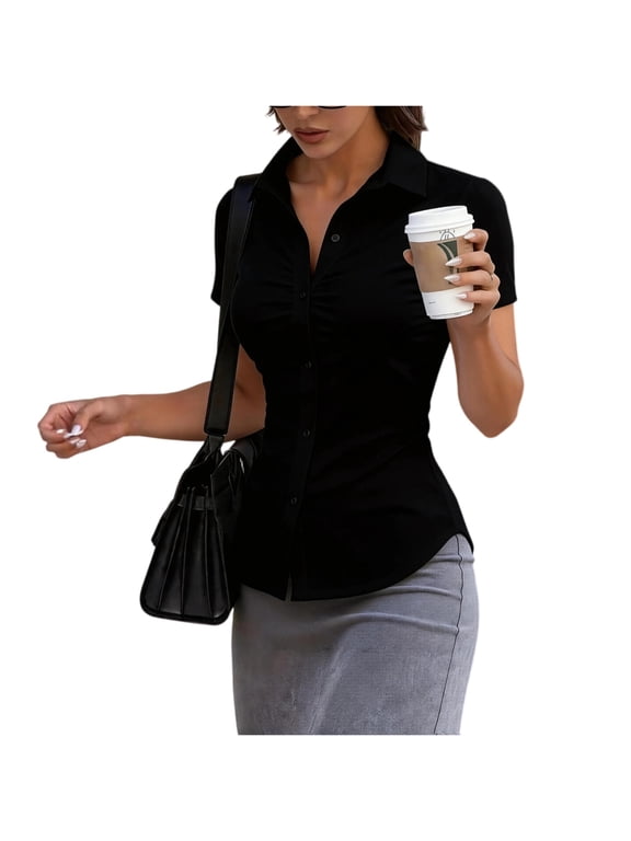 Button Down Shirts for Women Stretch Short Sleeve Dress Shirts for Women Collared Wrinkle Free Business Top Work Blouse,Black M