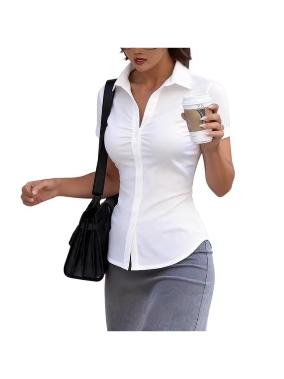 Button Down Shirts for Women Stretch Short Sleeve Dress Shirts for Women Collared Wrinkle Free Business Top Work Blouse,White M