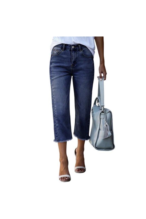 Capri Jeans for Women Wide Leg Mid High Waisted Side Seam Stretchy Denim Jeans Pants Casual Trendy Streetwear Jeans with Pocket,Royal Blue L