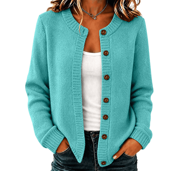 Dweltoz Cardigan Sweaters for Women Long Sleeve Crew neck Button Cardigans Crop Open Front Knit Sweater Fall Winter Casual Going Out Clothes,Light Blue XL