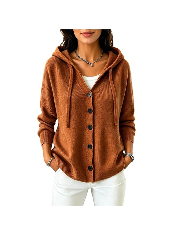Cardigan Sweaters for Women V Neck Button Down Drawstring Hoodie Long Sleeve Loose Fit Soft Knit Coat Fall Winter Casual Knit Jacket with Pockets,Light Brown L
