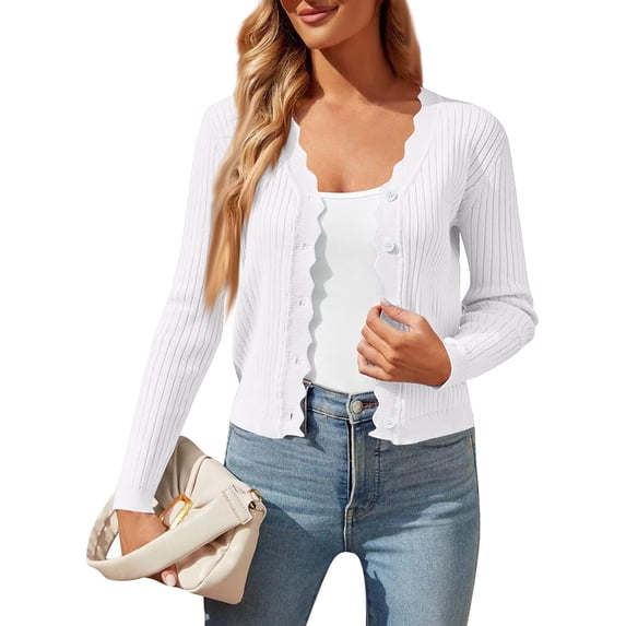 Dweltoz Cardigan Sweaters for Women Long Sleeve Cropped Knit Lightweight Cardigans Bolero Shrugs Teacher Office Button Up V Neck Outfits,White L