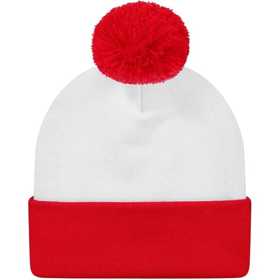 Dweltoz Christmas Beanie Hat Red White Pom Pom Knit Warm Winter Cap Thick Cuff Santa Style Color Block Men Women Holiday Party Gift