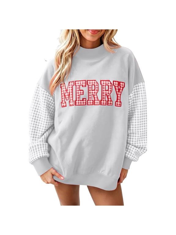 Christmas Sweatshirts for Women Merry Letter Applique Plaid Sleeve Crew Neck Long Sleeve Pullover Top Oversized Holiday Winter,Light Gray S