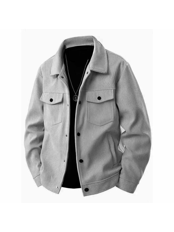 Corduroy Jacket for Men Casual Button Down Trucker Jacket Lightweight Collared Front Pockets Chore Jacket Western Loose Long Sleeve Coats 2026 Fall Winter Vintage Jacket,Gray M