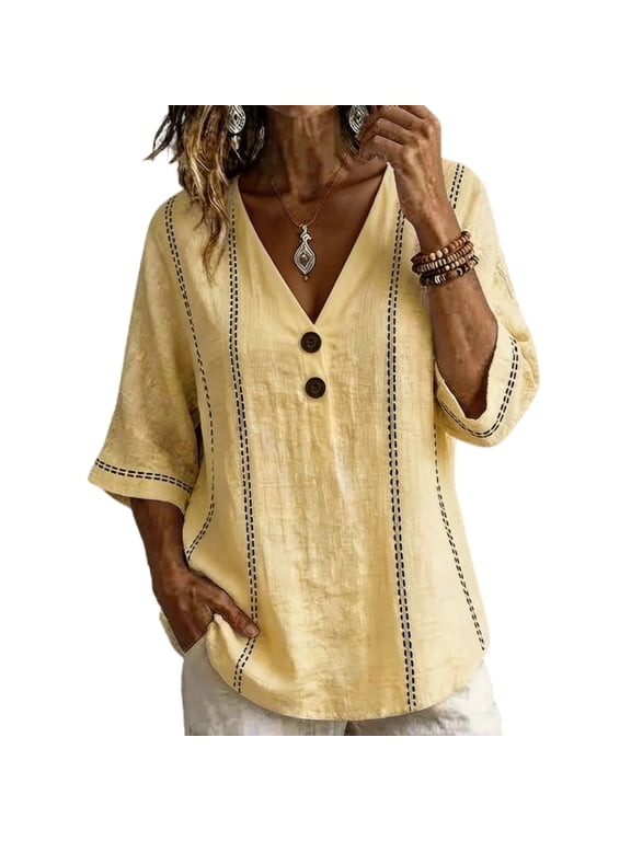 Cotton Linen Shirts for Women V Neck Button Henley Casual Tops Contrast Stitching 3/4 Length Sleeve Blouse Summer Going Out Beach Shirts,Yellow XL