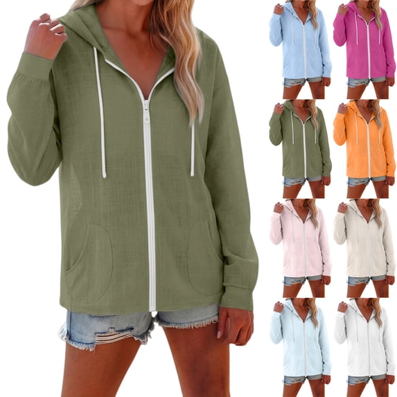 Dweltoz Cotton Linen Zip Up Hoodie Women 2026 Summer Gauze Shirts Lightweight Long Sleeve Solid Colors Sweatshirt with Pocket,Saffron 2XL