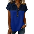 thumbnail image 1 of Dweltoz Denim Collar Short Sleeve Shirts for Womens Button Up V Neck Tops Casual Streetwear Patch Work Tees,Blue M, 1 of 4