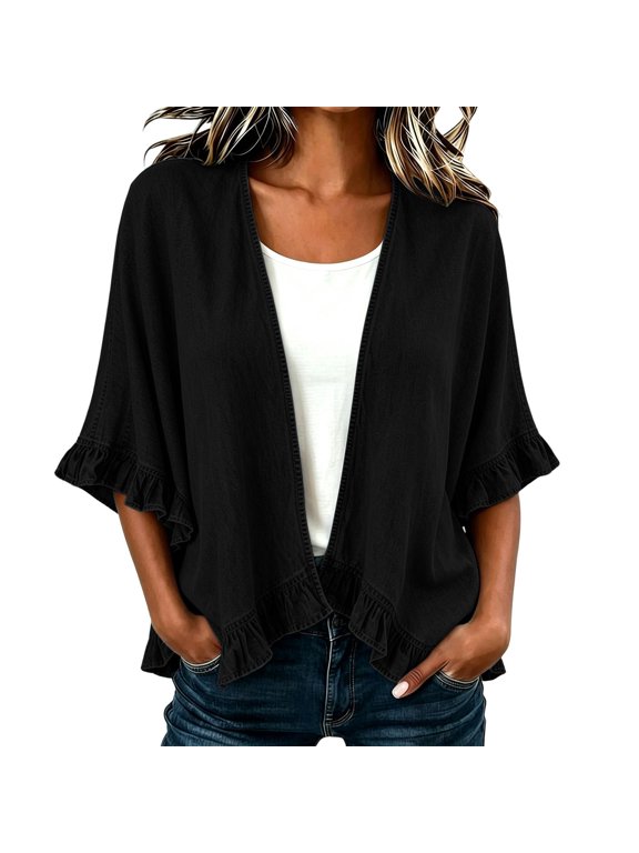 Denim Jacket for Women Ruffle Trim Open Front 3/4 Sleeve Lightweight Jean Cardigan Casual Loose Layering Outerwear Vintage Fall Outerwear,Black S