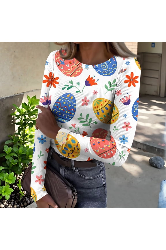 Easter Shirt for Women Rabbit Bunny Long Sleeve T-Shirt Crew Neck Cute Holiday Tops Spring Slim Fit Colorful Blouse 2026,Multicolor XL
