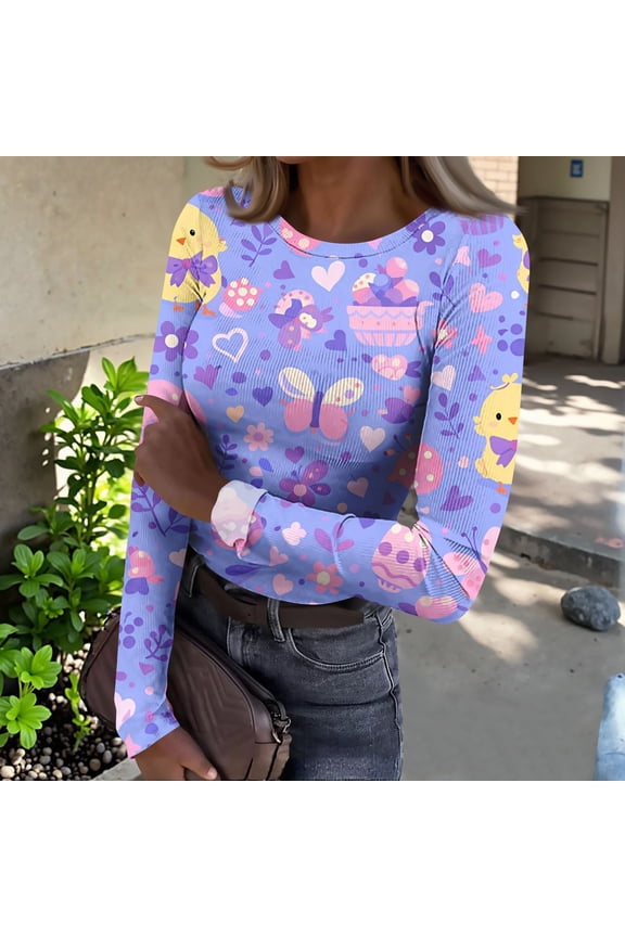 Easter Shirts for Women 2026 Rabbit Bunny Funny Holiday Tops Long Sleeve Casual Tshirt Spring Slim Fit Crewneck Blouse,Purple L