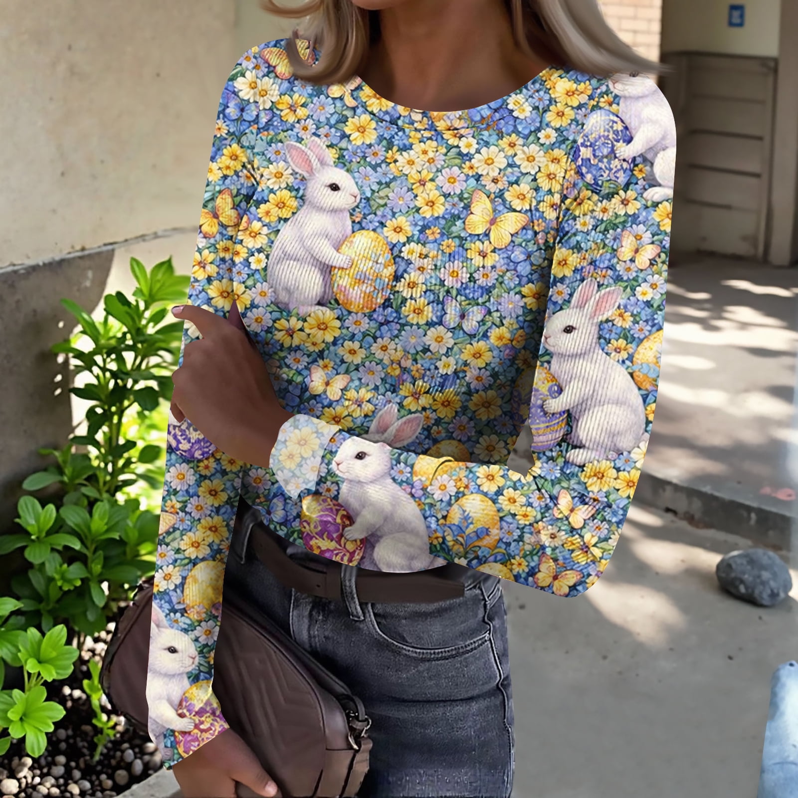 Dweltoz Easter Shirts for Women Rabbit Bunny Long Sleeve Tshirt Crew ...