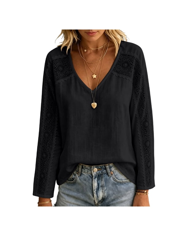 Embroidered Tops for Women Long Sleeve Cotton Linen Tops V Neck Boho Blouses Loose Fit Dressy Casual Basic Shirts,Black 3XL