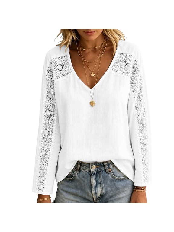 Embroidered Tops for Women Long Sleeve Cotton Linen Tops V Neck Boho Blouses Loose Fit Dressy Casual Basic Shirts,White L