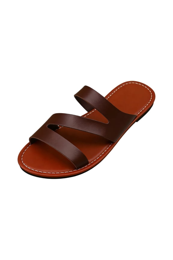 Flat Slippers for Women Open Toe Summer Comfortable Walking Shoes Low Heel Non-Slip Simple Solid Colour Slide Sandals,Coffee 37