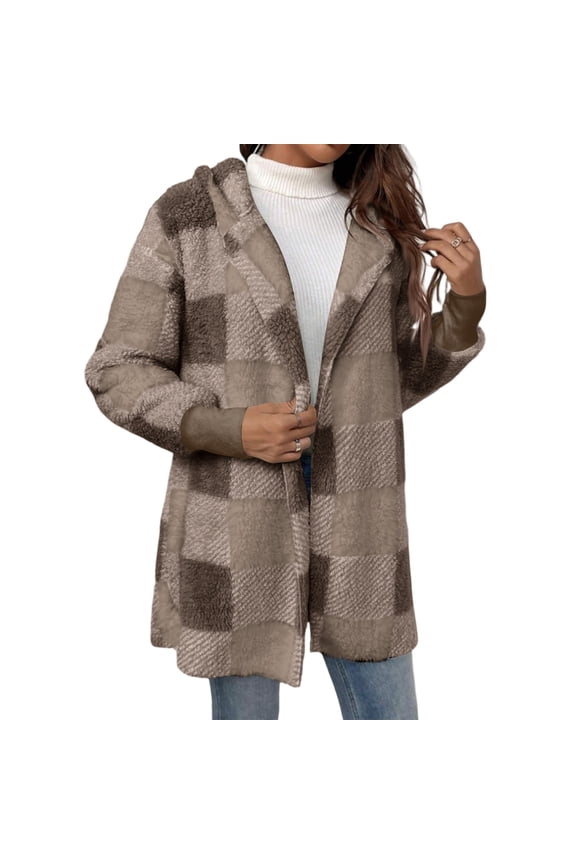 Fleece Lined Flannel Jacket for Women Plus Size Lined Plaid Open Front Shacket Jacket Loose Fit Sherpa Cardigan Shacket Outerwear with Hooded,Coffee XL