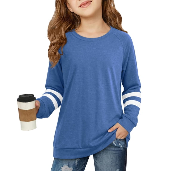 Dweltoz Girls Long Sleeve Shirts Striped Color Block Crewneck Tees Casual Loose Fit Tunic Tops Soft Pullover Sweatshirts Kids Big Girls Fall Back to School Clothes Size 2-13 Years,Royal Blue