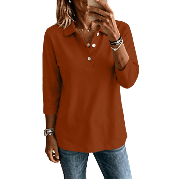 Dweltoz Golf Polo Shirts for Women Long Sleeve Collared Button Top Stretch Breathable Tennis Shirt Casual Loose Fit Active Wear Fall Lightweight Athletic Tops,Red M