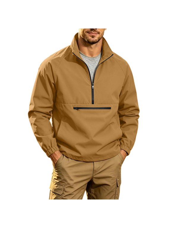 Half Zip Pullover for Men Kangaroo Pocket Stand Collar Sweatshirt Comfy Mock Neck Sweater Casual Long Sleeve Hoodie Shirts Classic fit Solid Color Polo Sweaters,Light Brown S