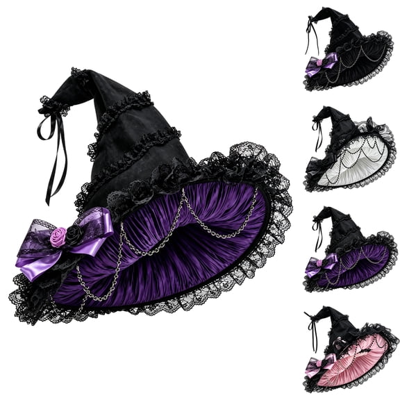 Dweltoz Halloween Gothic Witch Hat for Women Ruffled Lace Wide Brim Pointed Wizard Cap Fancy Cosplay Masquerade Party Satin Bow Witches Headwear,White