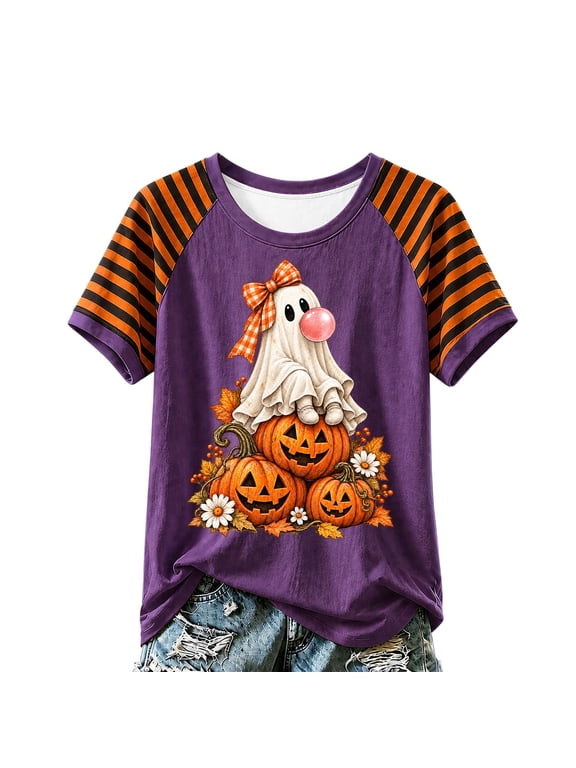 Halloween Shirts for Women Raglan Sleeve Tops Funny Ghost Pumpkin Crewneck Cute Clothes Fall Tee Fashion Gift,Purple M