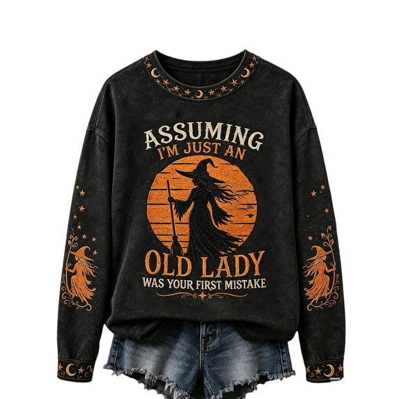 Dweltoz Halloween Sweatshirt for Women Vintage Witch Graphic Crewneck Pullover Fall Spooky Sweater Casual Long Sleeve Top,Saffron S