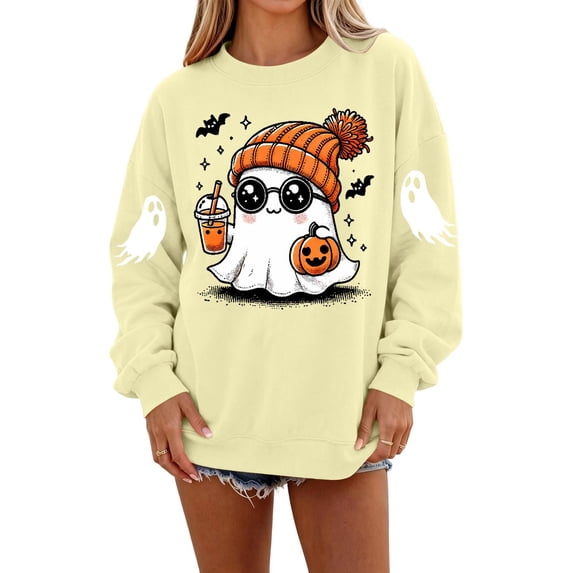 Dweltoz Halloween Sweatshirts for Women Cute Ghost Pumpkin Graphic Spooky Season Sweaters Oversized Fall Fleece Long Sleeve Crewneck Pullover Tops,Khaki M