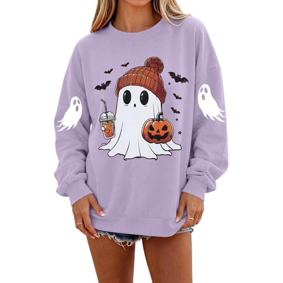 Dweltoz Halloween Sweatshirts for Women Cute Ghost Pumpkin Graphic Spooky Season Sweaters Oversized Fall Fleece Long Sleeve Crewneck Pullover Tops,Purple L