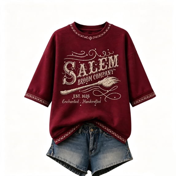 Dweltoz Halloween Witch T Shirt for Women Salem Broom Company Printed Broom Graphic Crewneck Vintage Retro Enchanted Handcrafted Oversized Short Sleeve Sweatshirt Fall Top,Wine XL