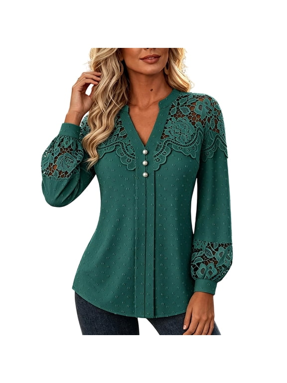 Lace Long Sleeve Tops for Women V Neck Button Sheer Crochet Mesh Tops Ruched Eyelet V Neck Business Work Office Shirts,Dark Green XL